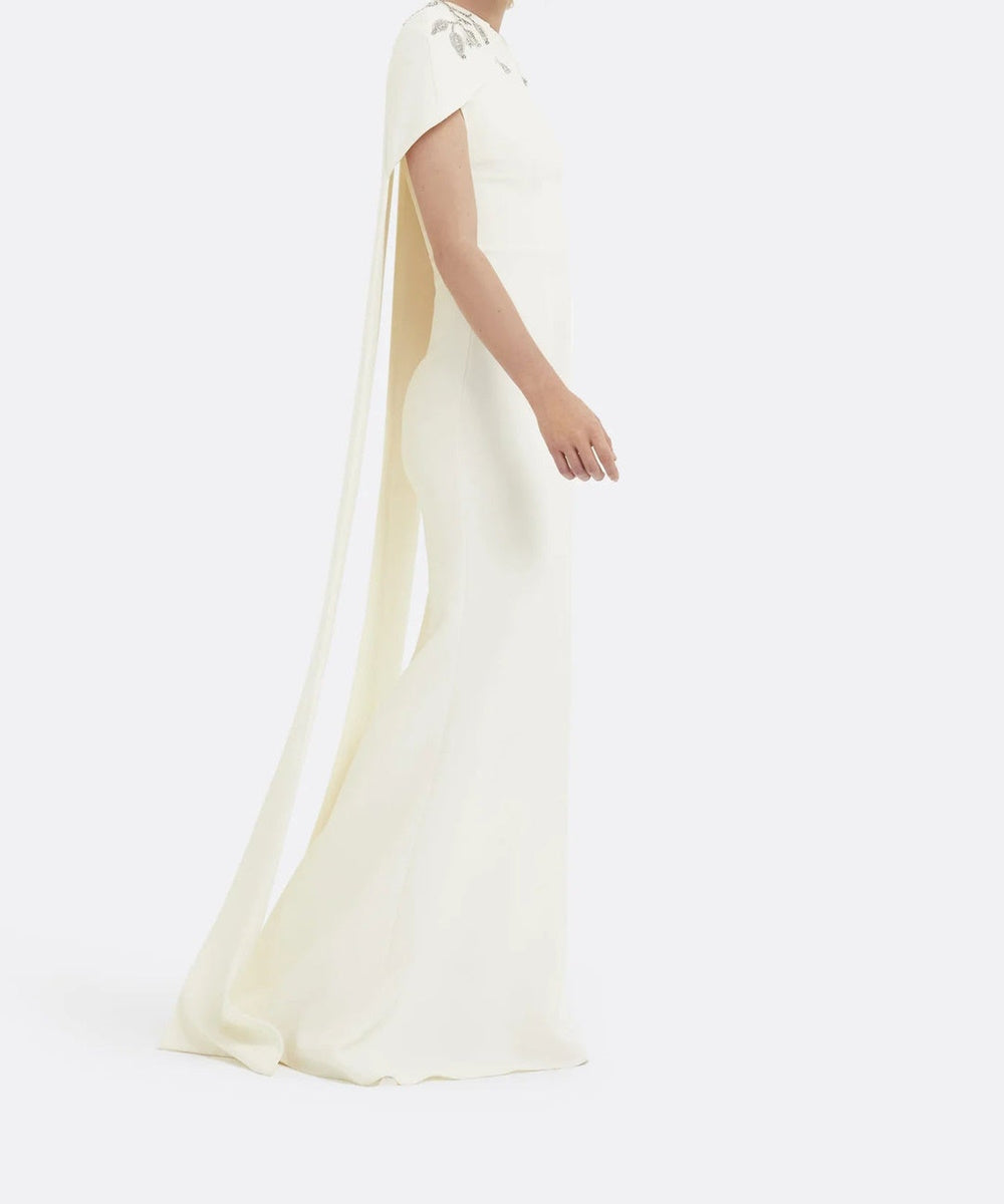 Ivory Beaded Leaf Cape Mermaid Crepe Evening Gown