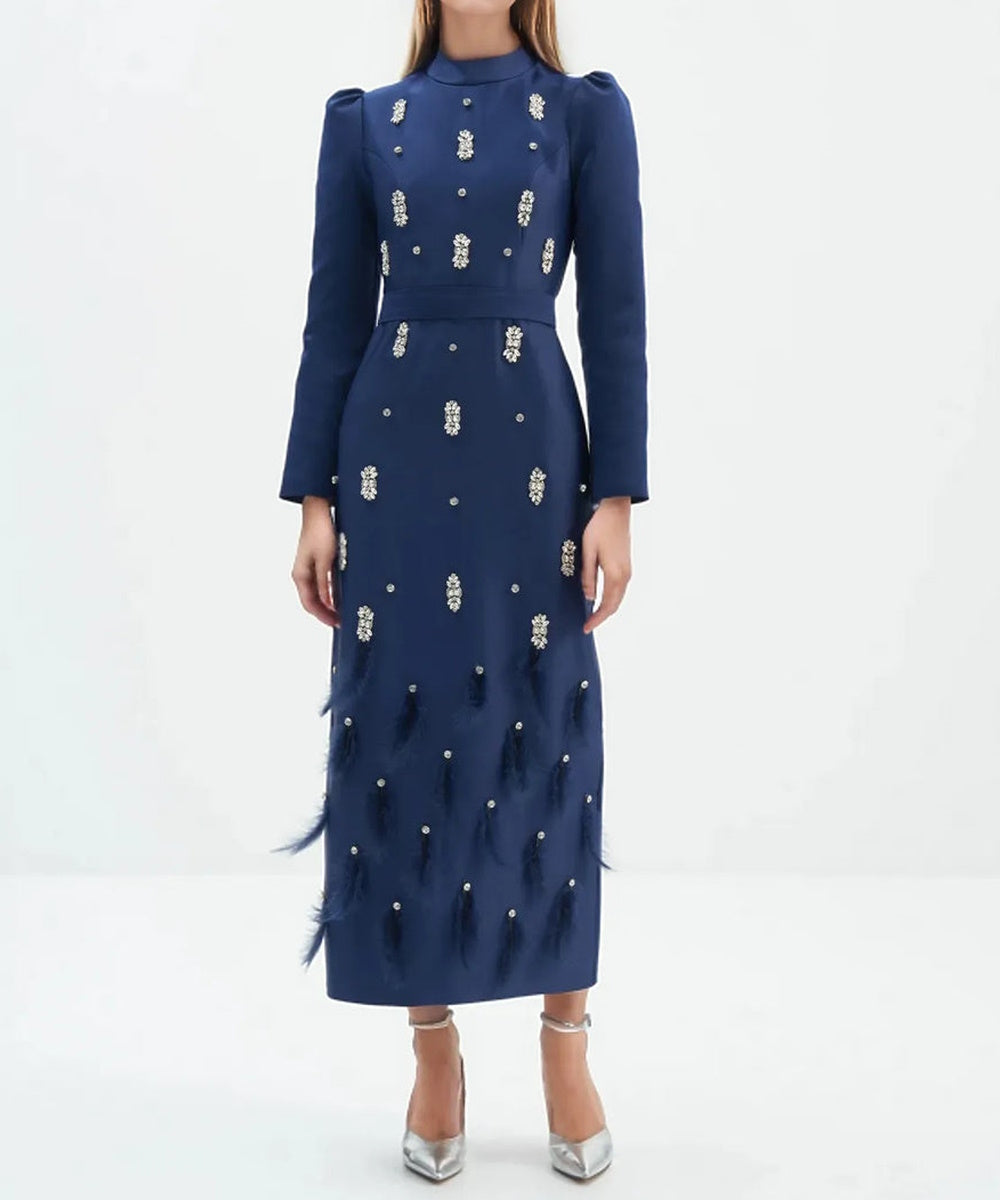 High Neck Puff Sleeve Rhinestone Feather Midi Formal Dress With Belt