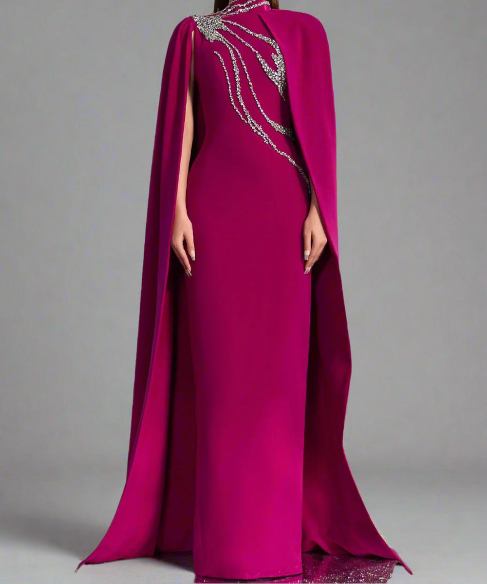 Fuchsia High Neck Crystal Beaded Cape Sleeve Mermaid Formal Maxi Gown