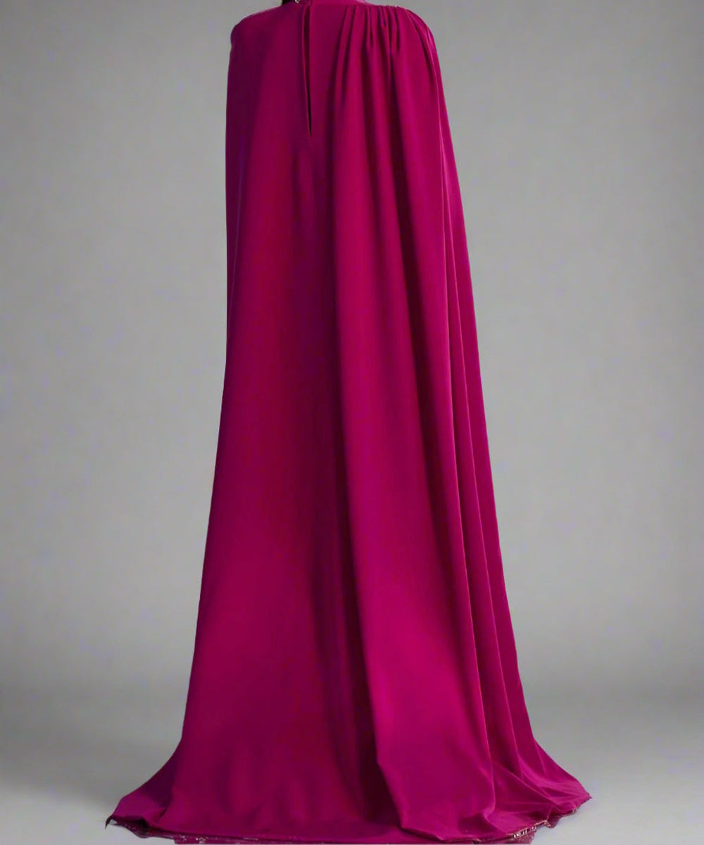Fuchsia High Neck Crystal Beaded Cape Sleeve Mermaid Formal Maxi Gown