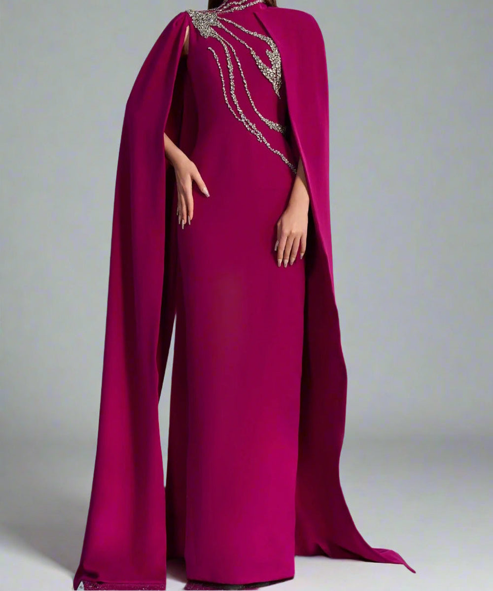 Fuchsia High Neck Crystal Beaded Cape Sleeve Mermaid Formal Maxi Gown