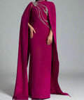 Fuchsia High Neck Crystal Beaded Cape Sleeve Mermaid Formal Maxi Gown