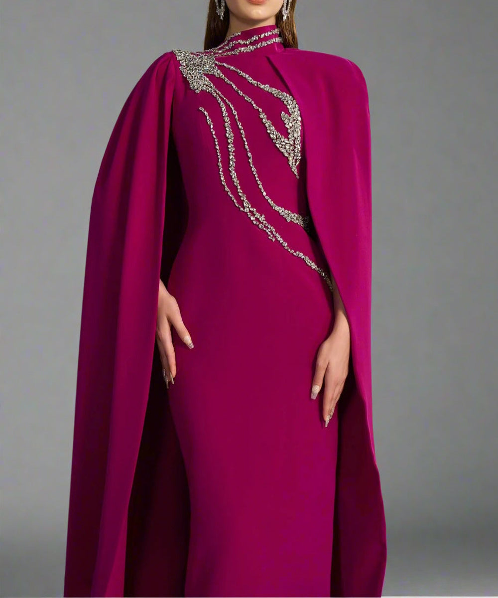 Fuchsia High Neck Crystal Beaded Cape Sleeve Mermaid Formal Maxi Gown