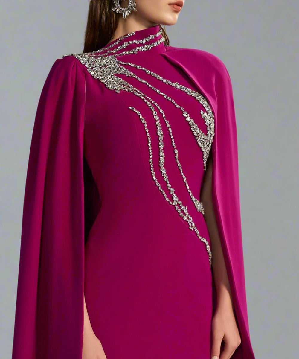 Fuchsia High Neck Crystal Beaded Cape Sleeve Mermaid Formal Maxi Gown