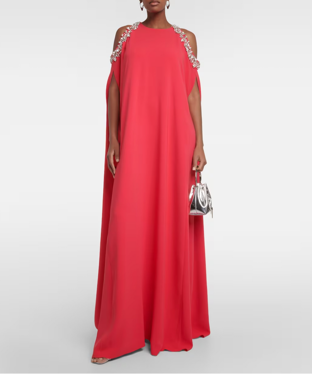 Hot Pink Crystal Embellished Cold Shoulder Cape Sleeve Loose Maxi Gown