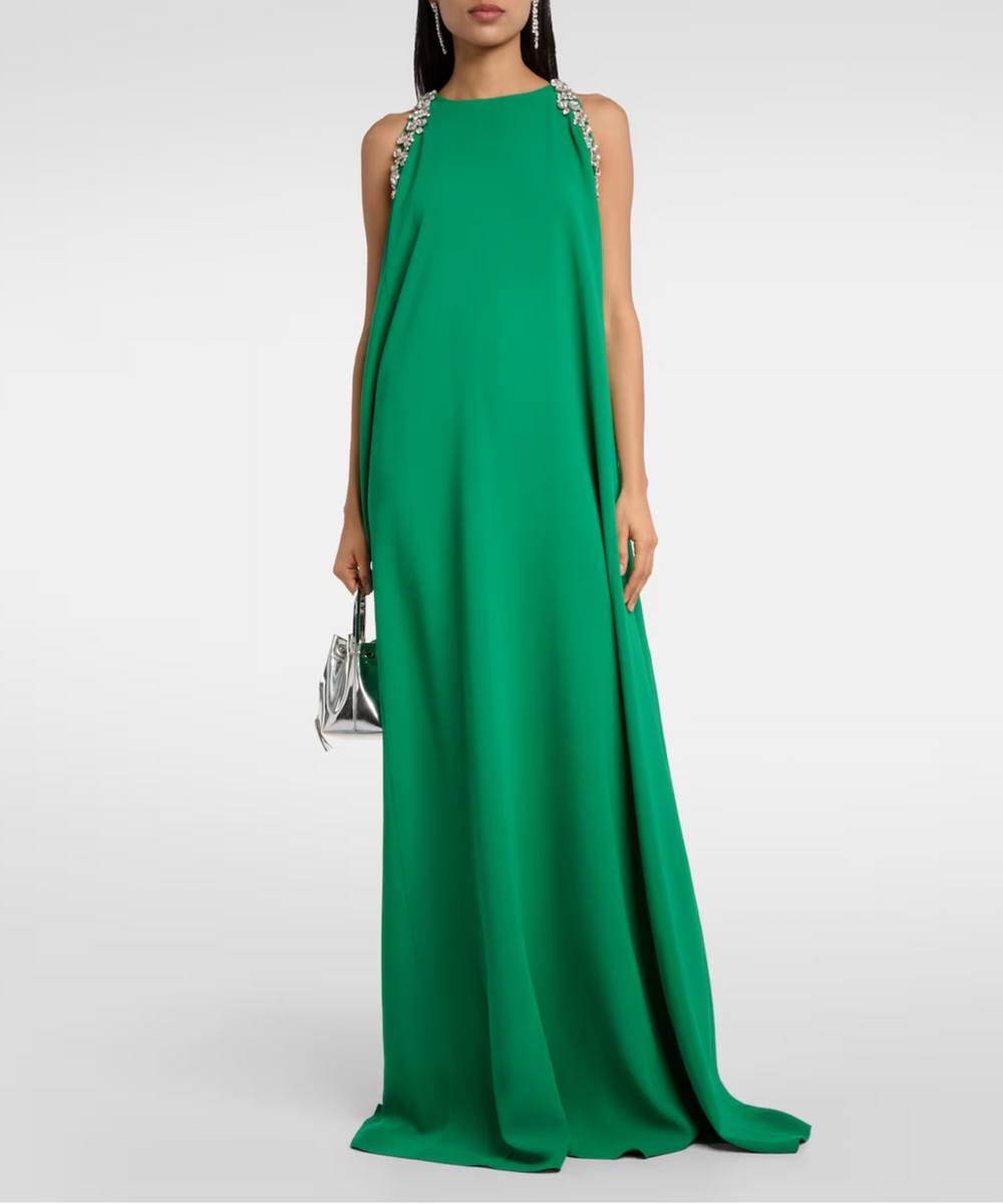Emerald Green Crystal Embellished Halter Sleeveless Flowy Maxi Gown