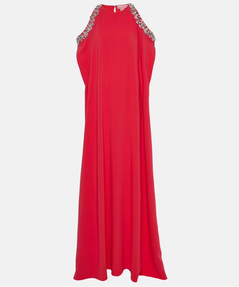 Hot Pink Crystal Embellished Cold Shoulder Cape Sleeve Loose Maxi Gown