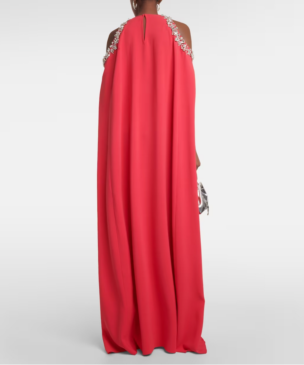 Hot Pink Crystal Embellished Cold Shoulder Cape Sleeve Loose Maxi Gown