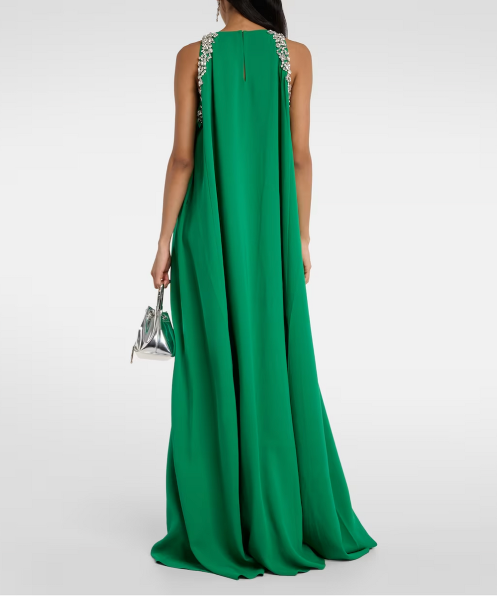Emerald Green Crystal Embellished Halter Sleeveless Flowy Maxi Gown