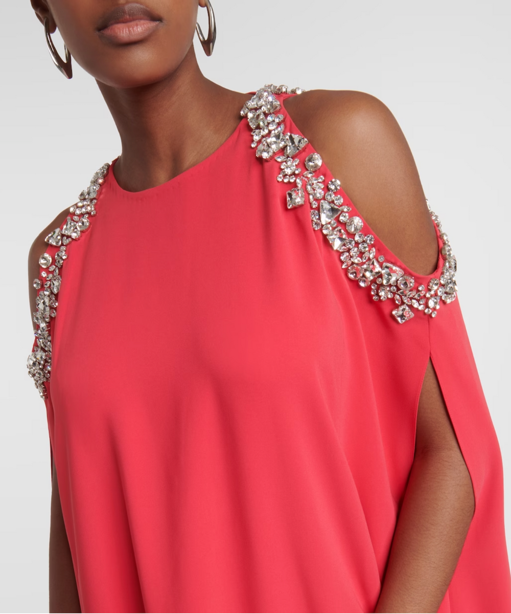 Hot Pink Crystal Embellished Cold Shoulder Cape Sleeve Loose Maxi Gown