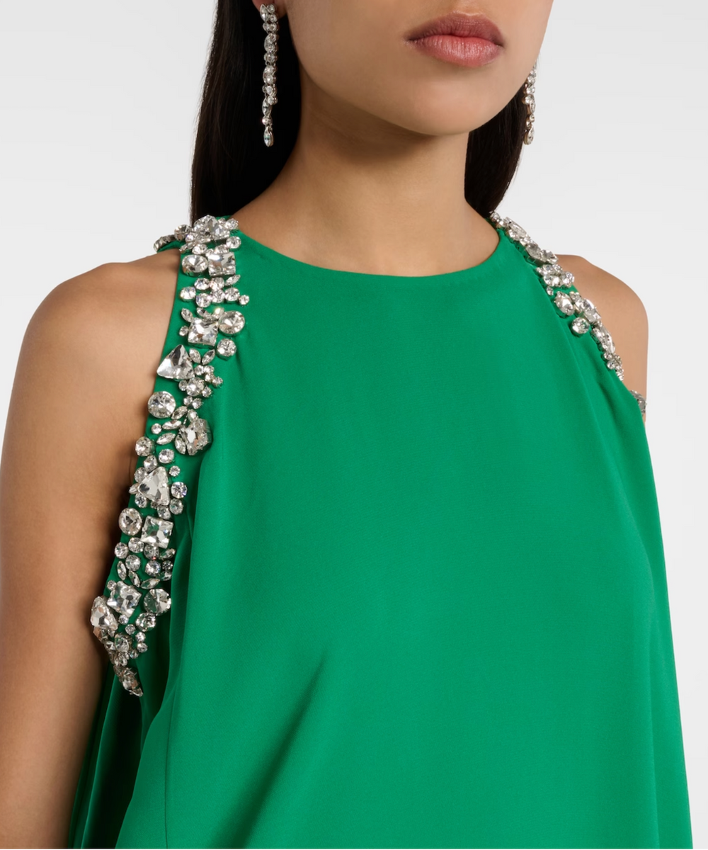 Emerald Green Crystal Embellished Halter Sleeveless Flowy Maxi Gown