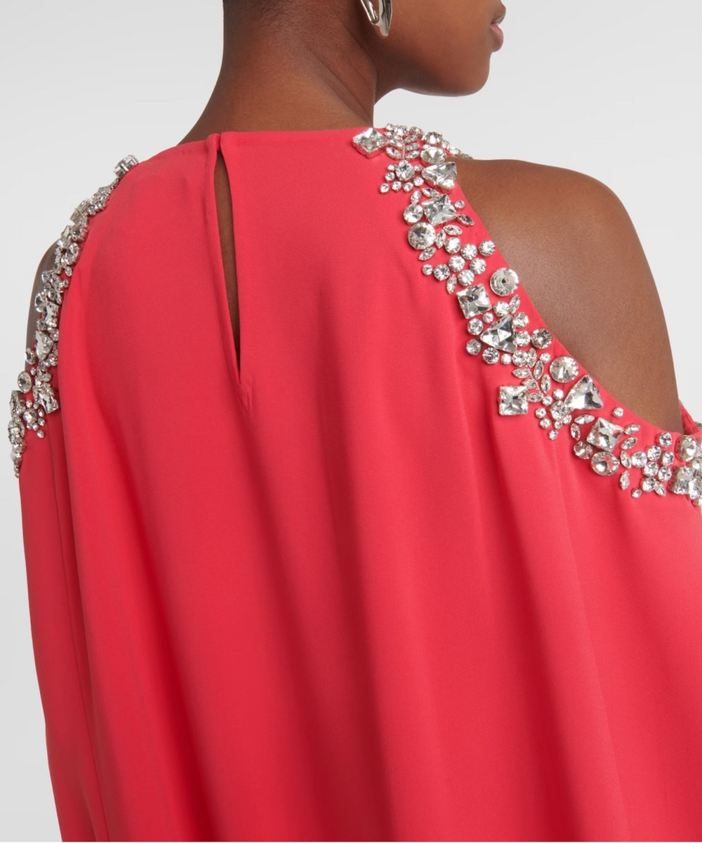 Hot Pink Crystal Embellished Cold Shoulder Cape Sleeve Loose Maxi Gown