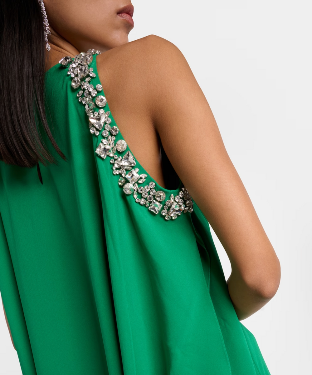 Emerald Green Crystal Embellished Halter Sleeveless Flowy Maxi Gown