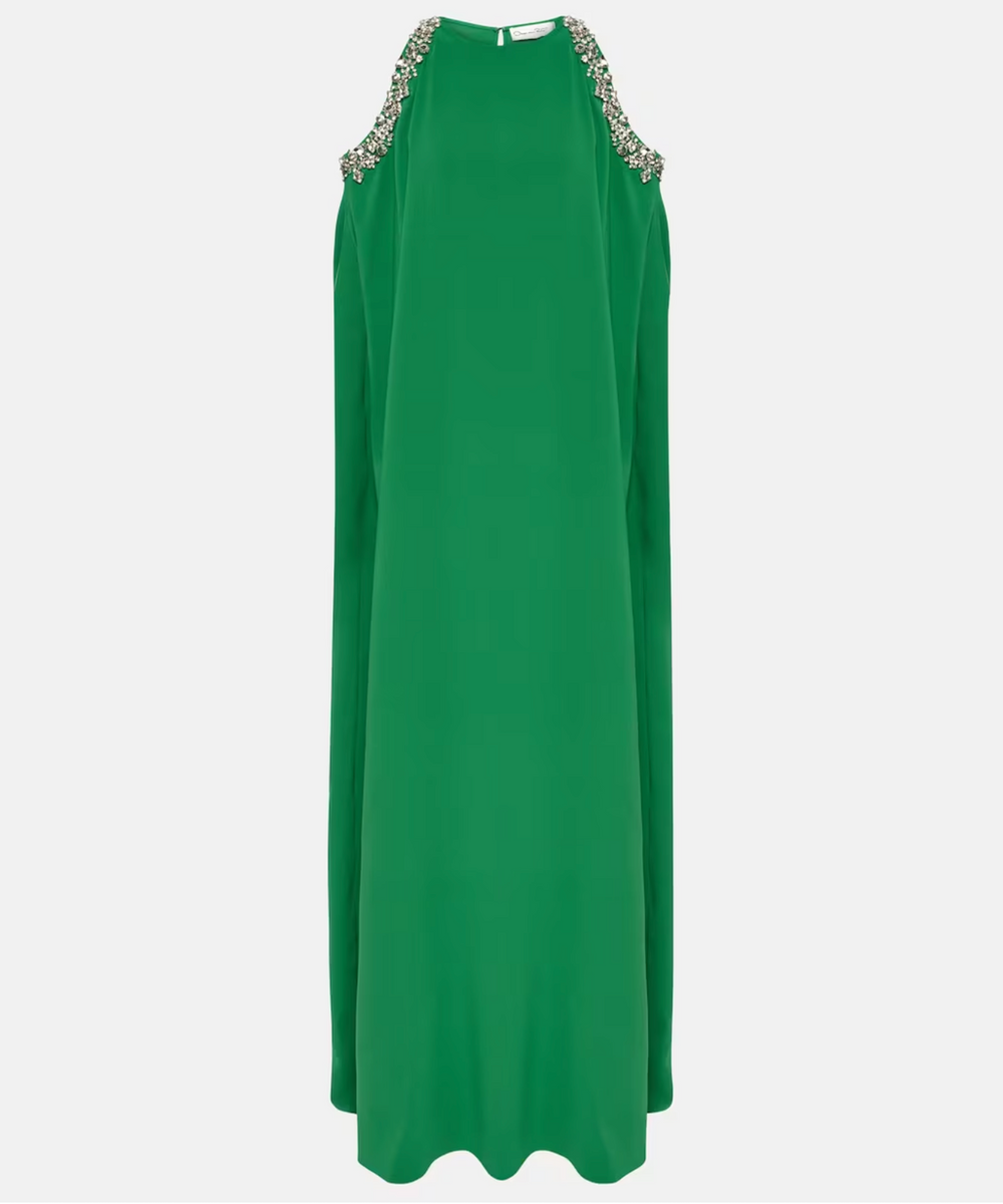 Emerald Green Crystal Embellished Halter Sleeveless Flowy Maxi Gown
