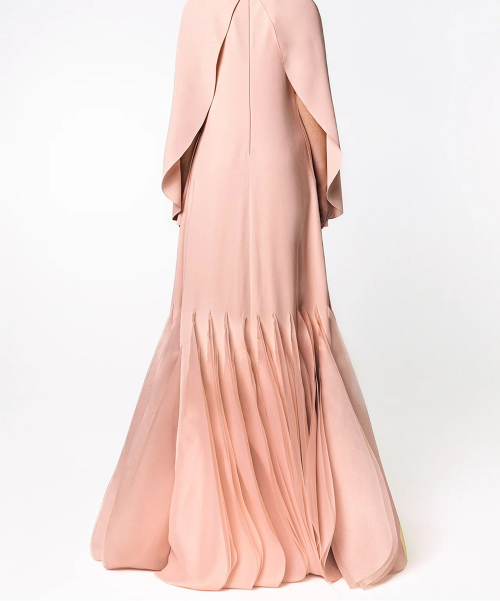 Blush Pink Pearl Beaded High Neck Cape Sleeve Layered Tulle Mermaid Maxi Gown