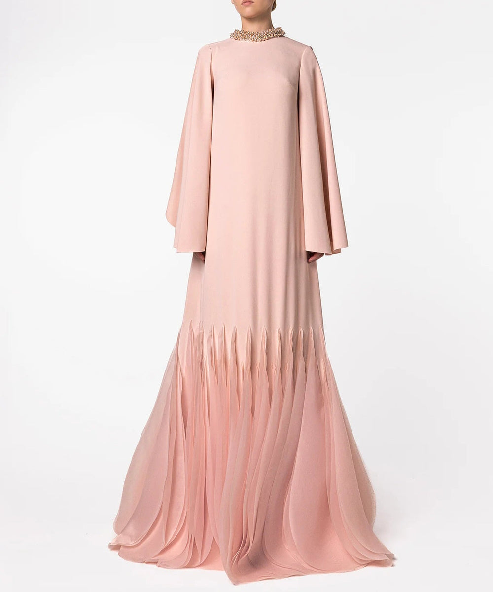 Blush Pink Pearl Beaded High Neck Cape Sleeve Layered Tulle Mermaid Maxi Gown