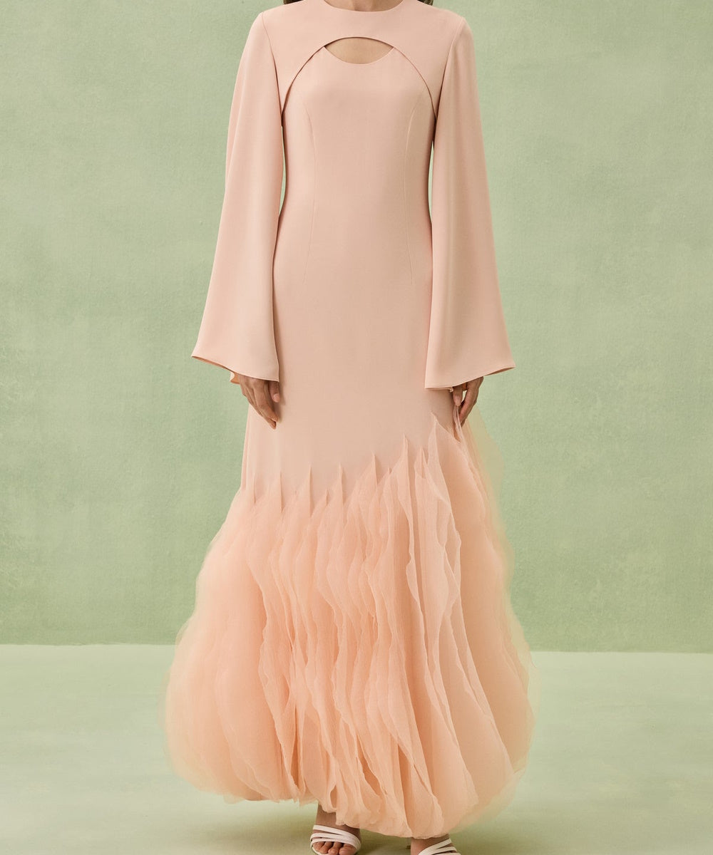 Peach Pink Cutout Neck Flared Sleeve Layered Ruffle Tulle Hem Mermaid Maxi Gown