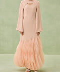 Peach Pink Cutout Neck Flared Sleeve Layered Ruffle Tulle Hem Mermaid Maxi Gown