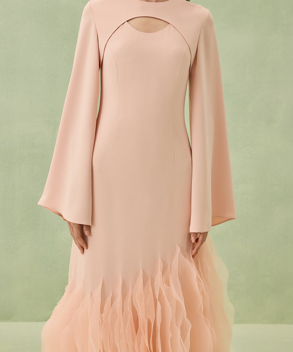 Peach Pink Cutout Neck Flared Sleeve Layered Ruffle Tulle Hem Mermaid Maxi Gown