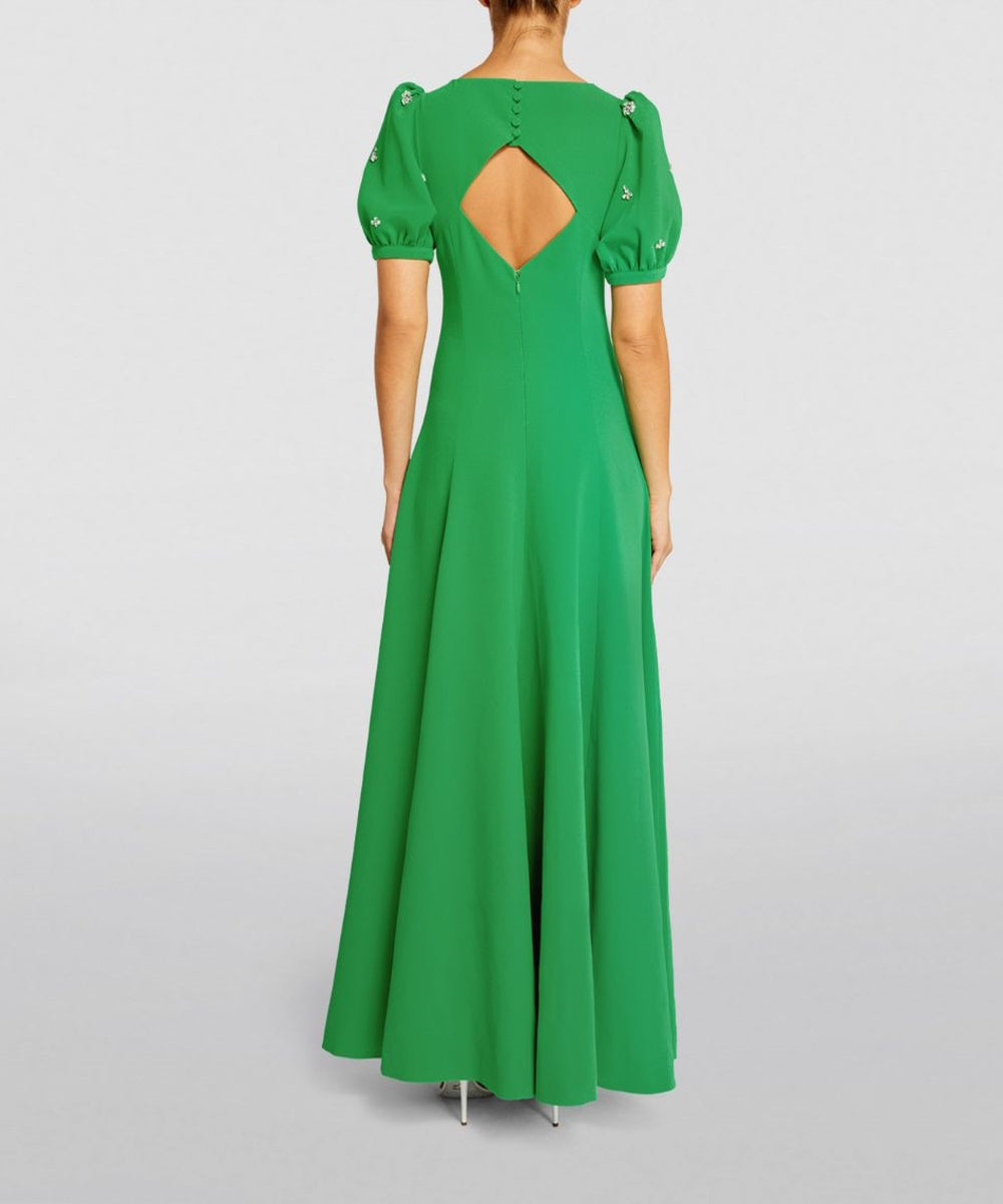 Emerald Green Puff Sleeve Crystal Floral Beaded Cutout Back Flowy Maxi Gown
