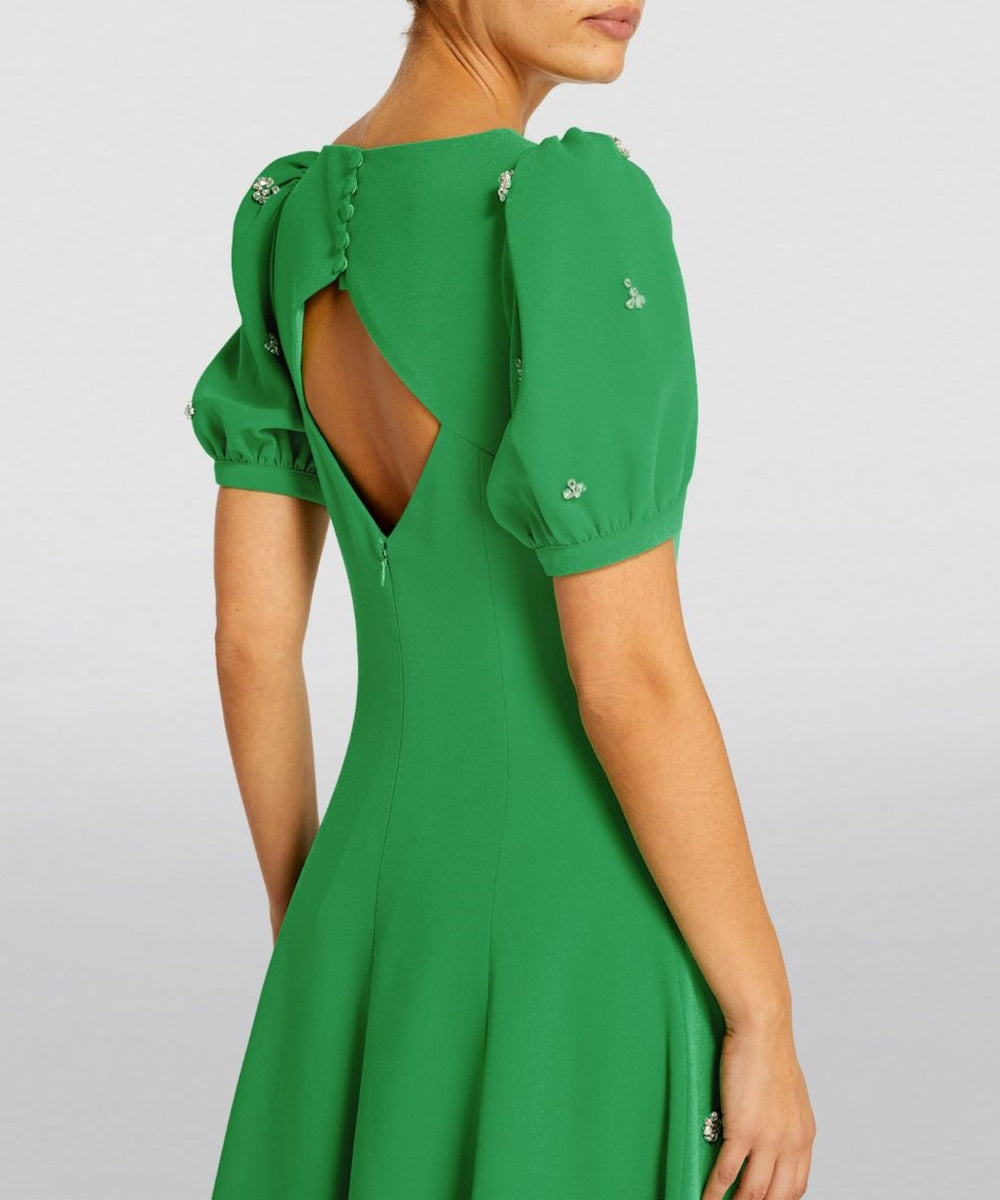 Emerald Green Puff Sleeve Crystal Floral Beaded Cutout Back Flowy Maxi Gown