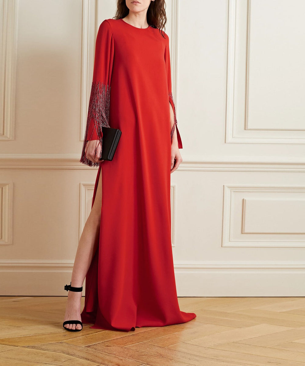 Red Crew Neck Long Sleeve Beaded Fringe Cuff Side Slit Column Maxi Evening Gown