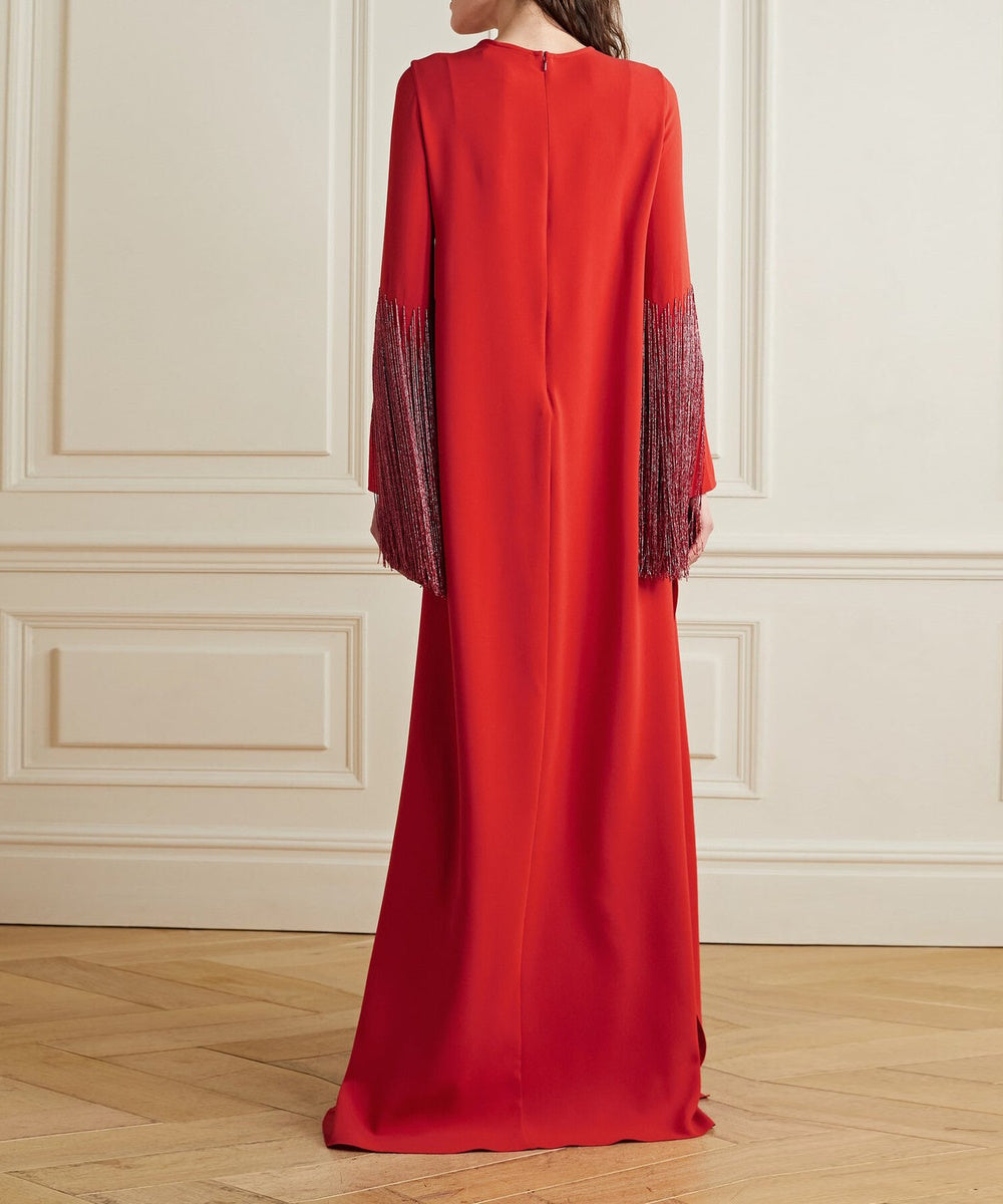 Red Crew Neck Long Sleeve Beaded Fringe Cuff Side Slit Column Maxi Evening Gown