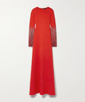 Red Crew Neck Long Sleeve Beaded Fringe Cuff Side Slit Column Maxi Evening Gown
