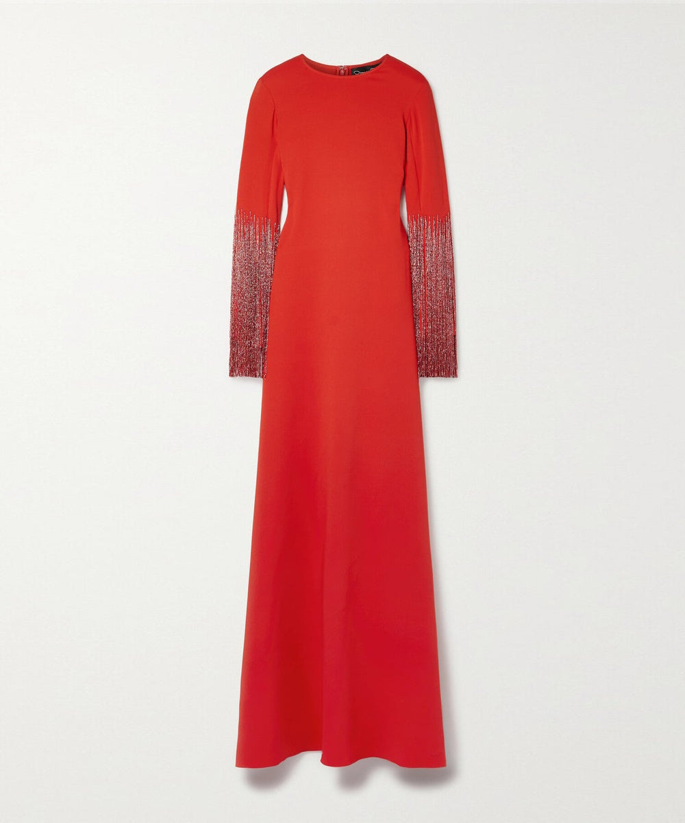 Red Crew Neck Long Sleeve Beaded Fringe Cuff Side Slit Column Maxi Evening Gown