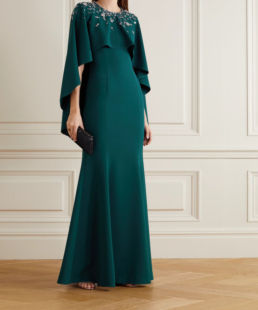 Emerald Green Cape Sleeve Floral Crystal Embellished Mermaid Maxi Evening Gown
