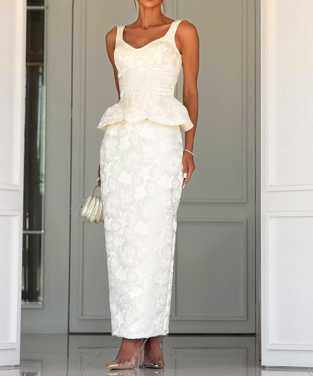 White Lace Ruffle Strap Corset Peplum Midi Formal Dress