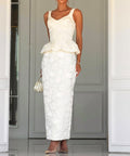White Lace Ruffle Strap Corset Peplum Midi Formal Dress