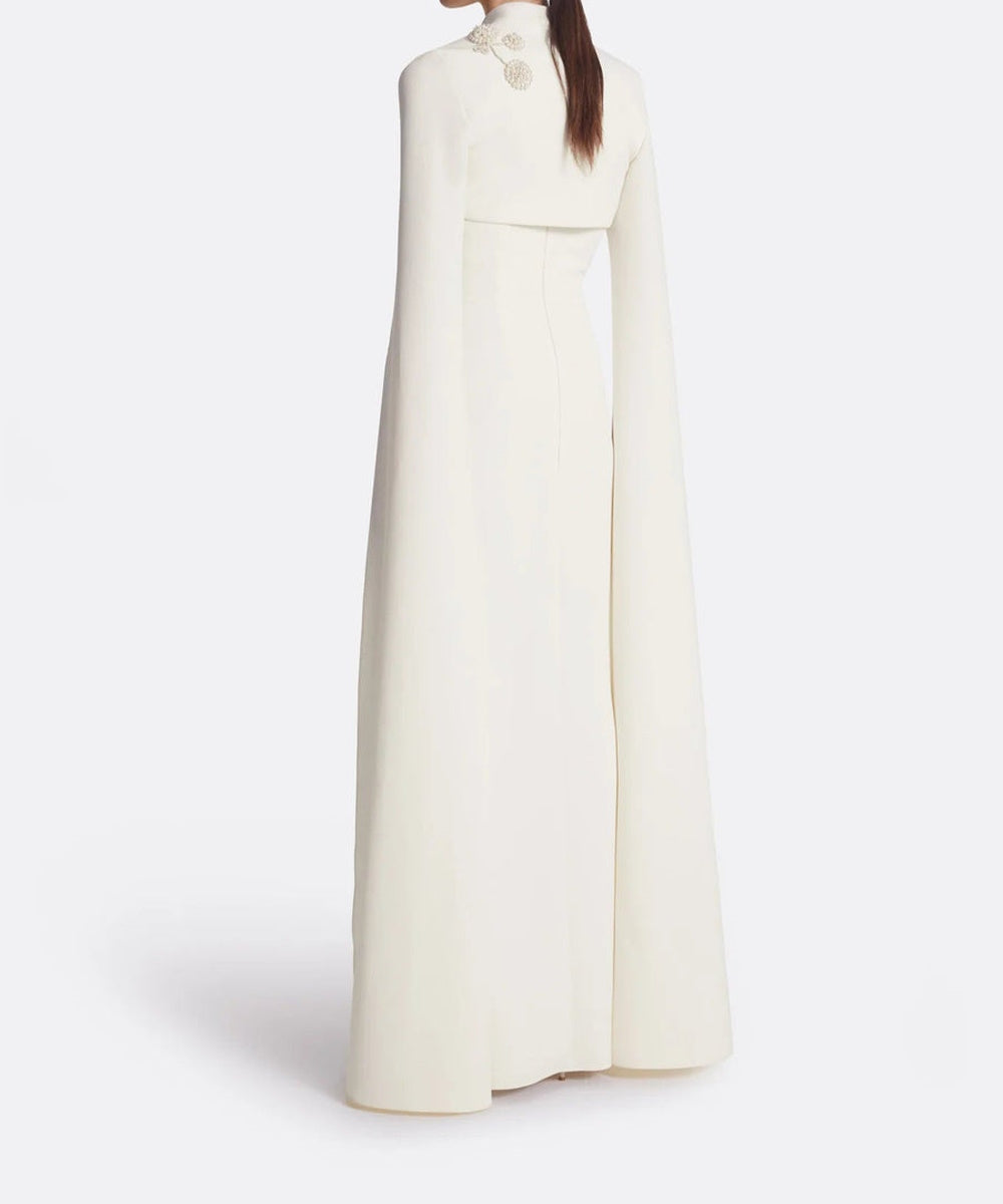 Ivory Strapless Mermaid Gown With Beaded Floral Cape Sleeve Jacket Two Piece Evening Set