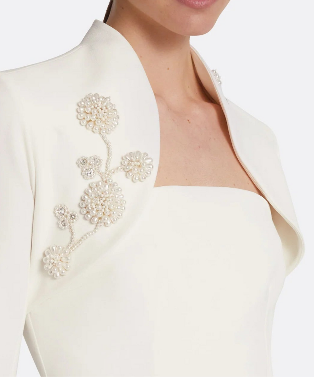 Ivory Strapless Mermaid Gown With Beaded Floral Cape Sleeve Jacket Two Piece Evening Set