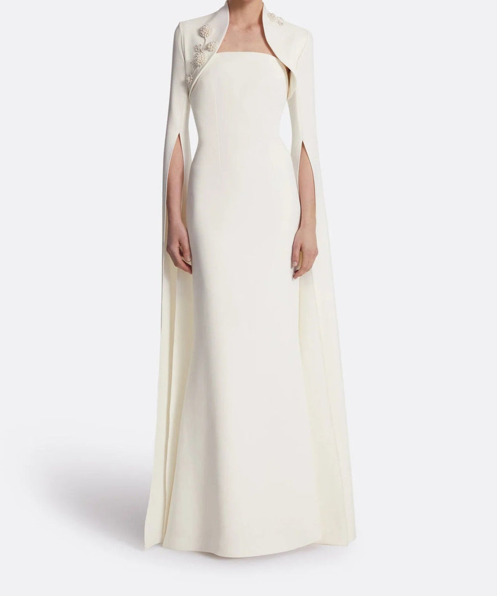 Ivory Strapless Mermaid Gown With Beaded Floral Cape Sleeve Jacket Two Piece Evening Set