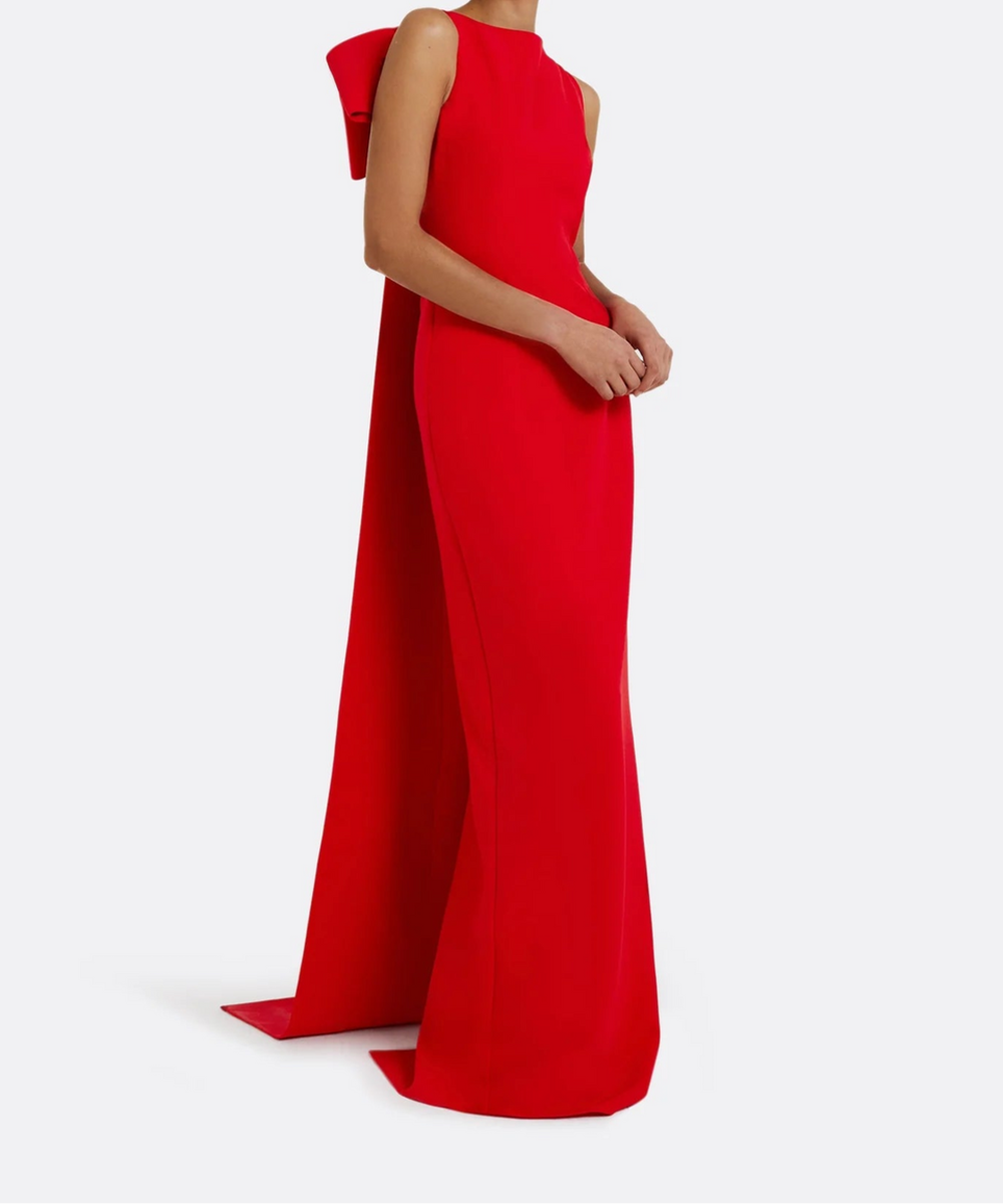 Red Sleeveless Large Back Bow Mermaid Maxi Evening Gown