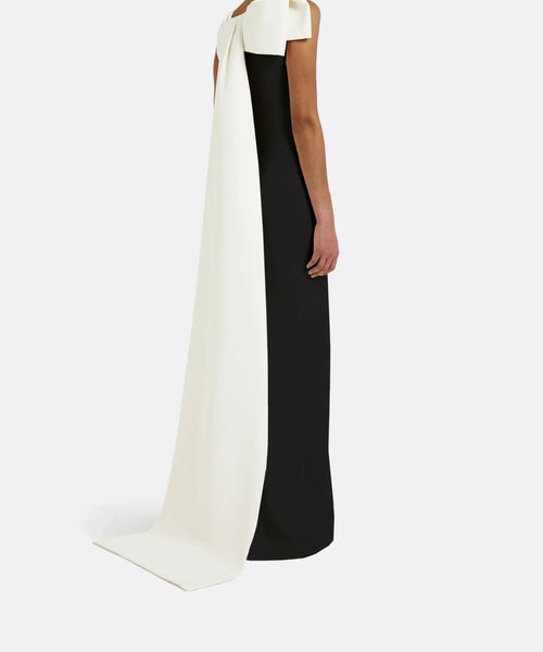 Black Sleeveless One Shoulder Oversized Ivory Bow Trailing Sash Column Maxi Gown