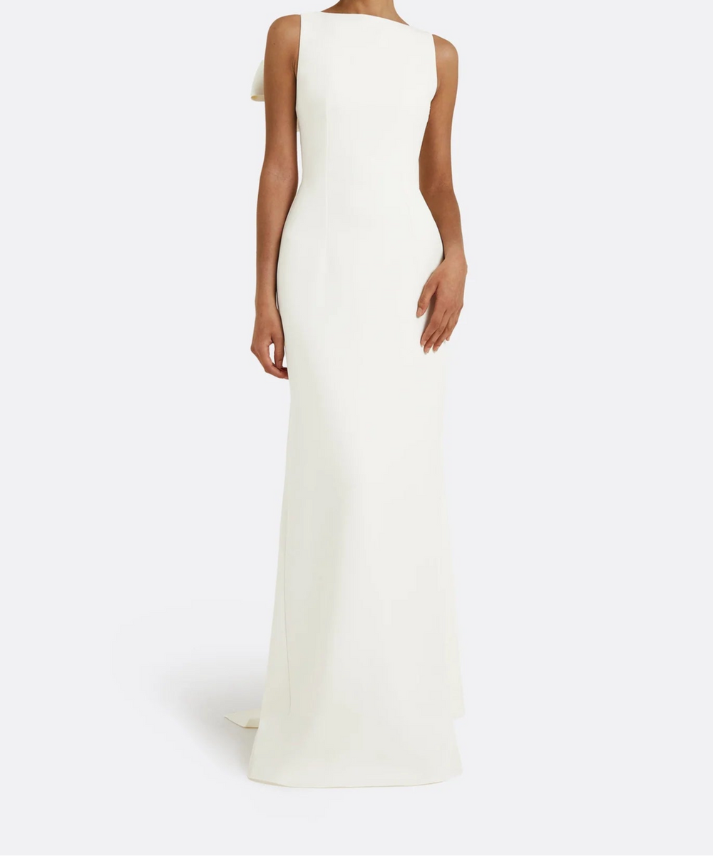 Ivory Sleeveless One Shoulder Large Bow Mermaid Maxi Wedding Gown