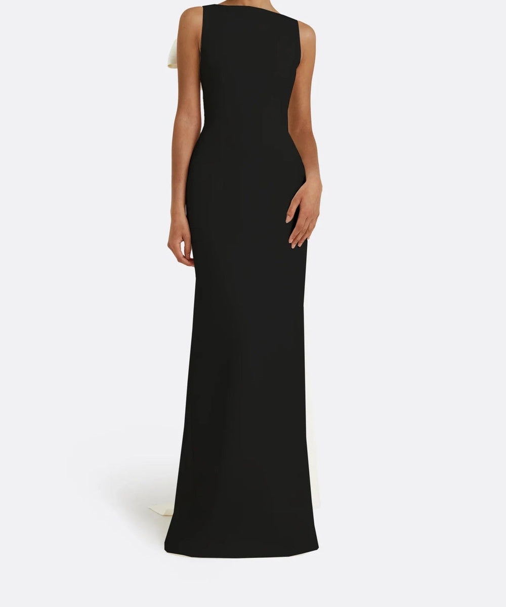 Black Sleeveless One Shoulder Oversized Ivory Bow Trailing Sash Column Maxi Gown