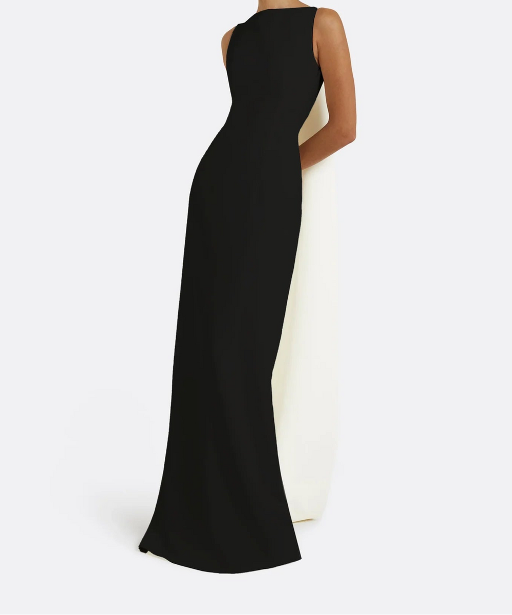 Black Sleeveless One Shoulder Oversized Ivory Bow Trailing Sash Column Maxi Gown