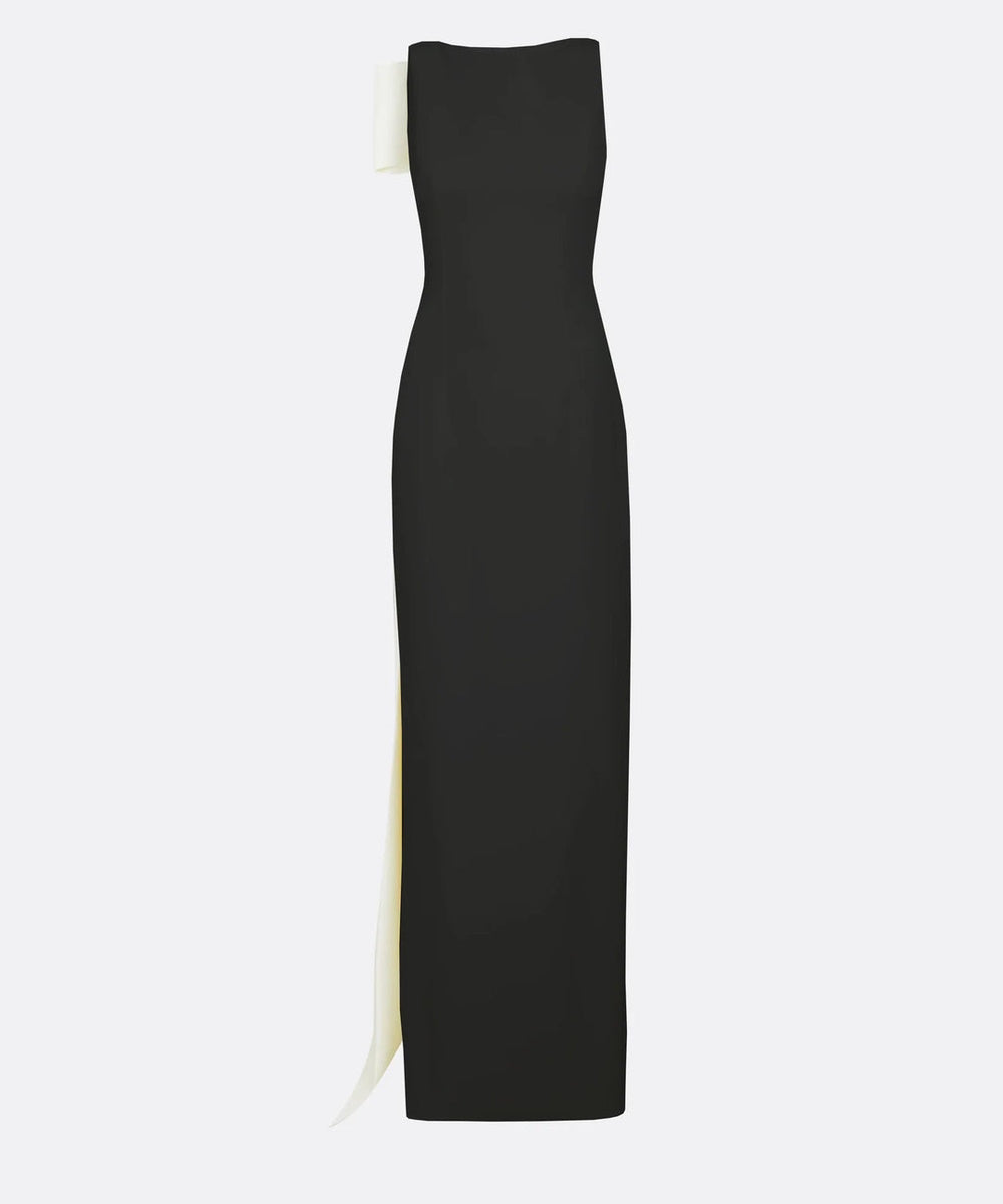 Black Sleeveless One Shoulder Oversized Ivory Bow Trailing Sash Column Maxi Gown