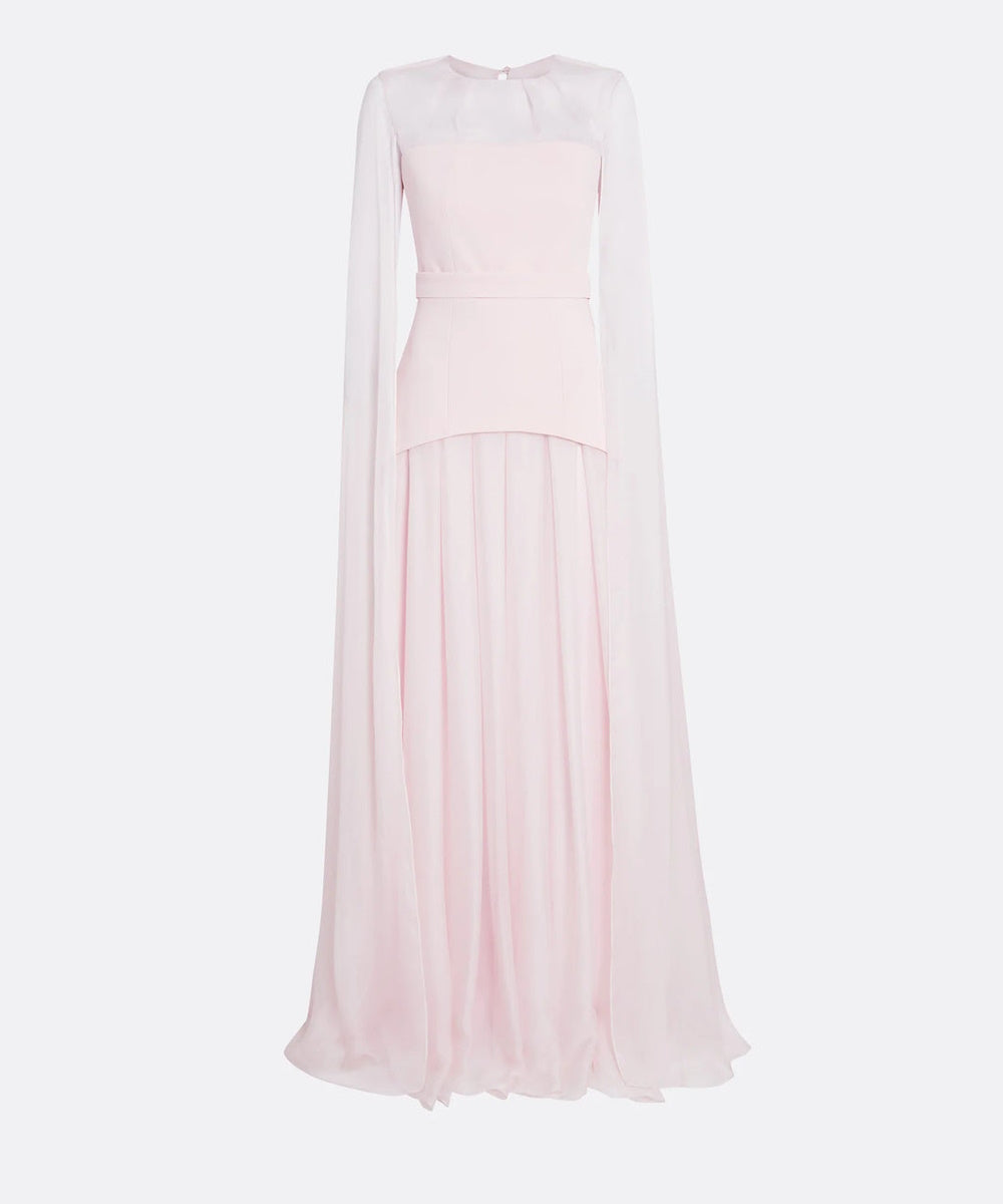 Blush Pink Sheer Cape Sleeve Two-Tier Chiffon Flowy Maxi Evening Gown