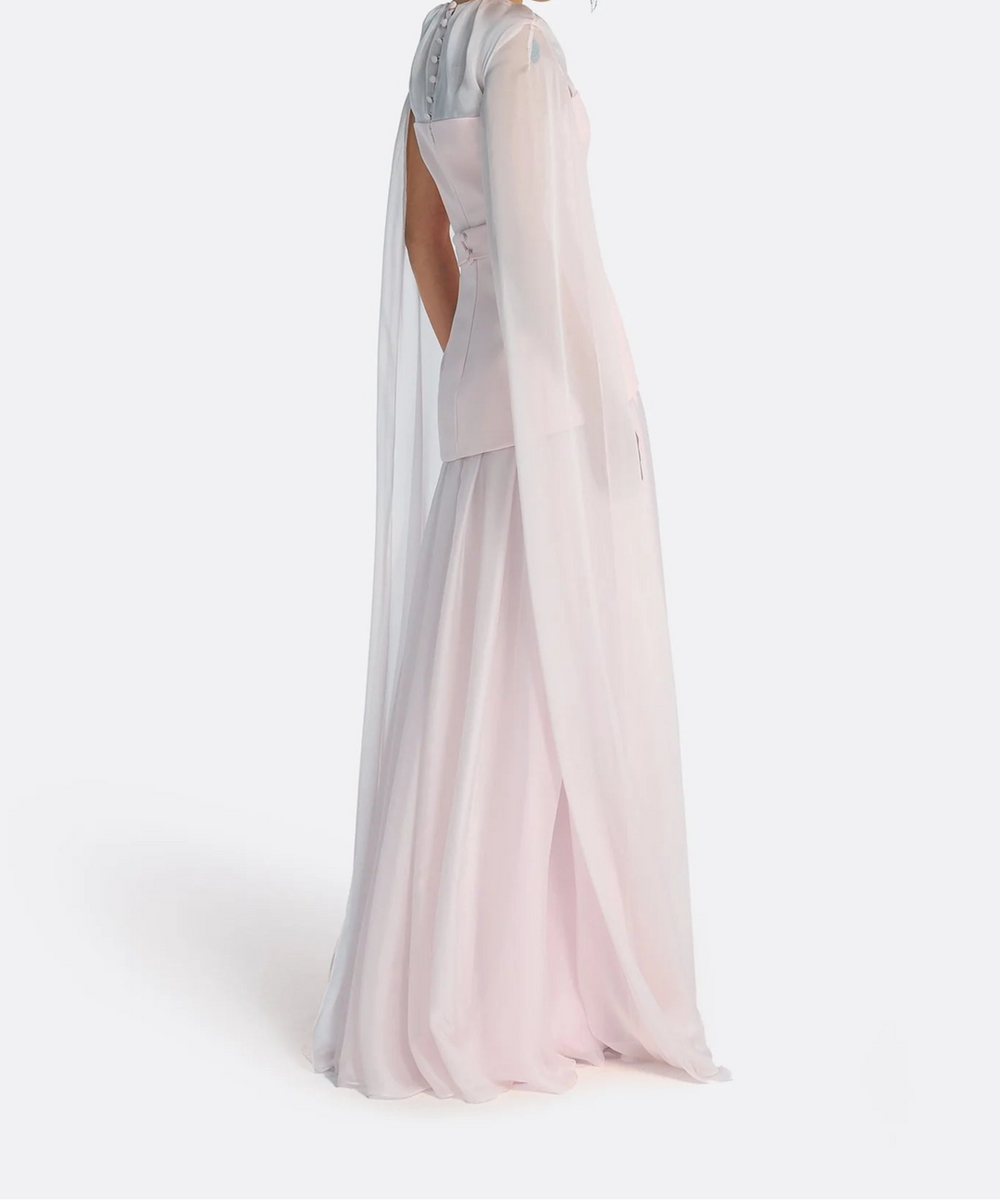 Blush Pink Sheer Cape Sleeve Two-Tier Chiffon Flowy Maxi Evening Gown