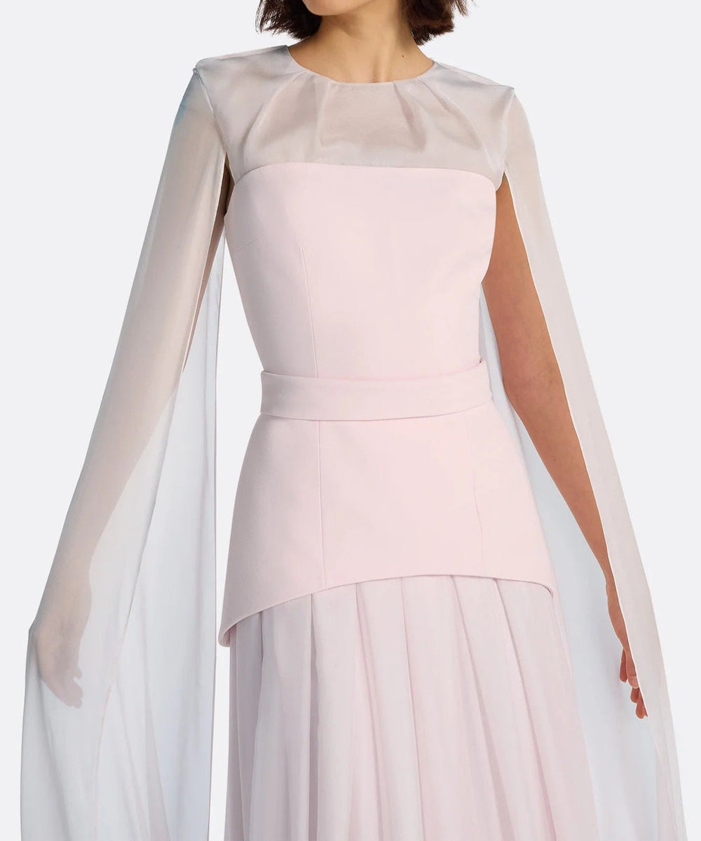 Blush Pink Sheer Cape Sleeve Two-Tier Chiffon Flowy Maxi Evening Gown