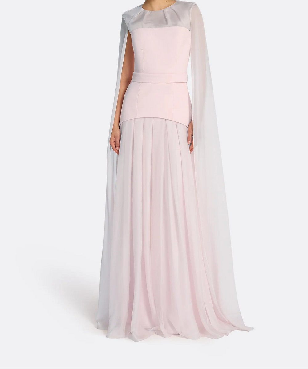 Blush Pink Sheer Cape Sleeve Two-Tier Chiffon Flowy Maxi Evening Gown