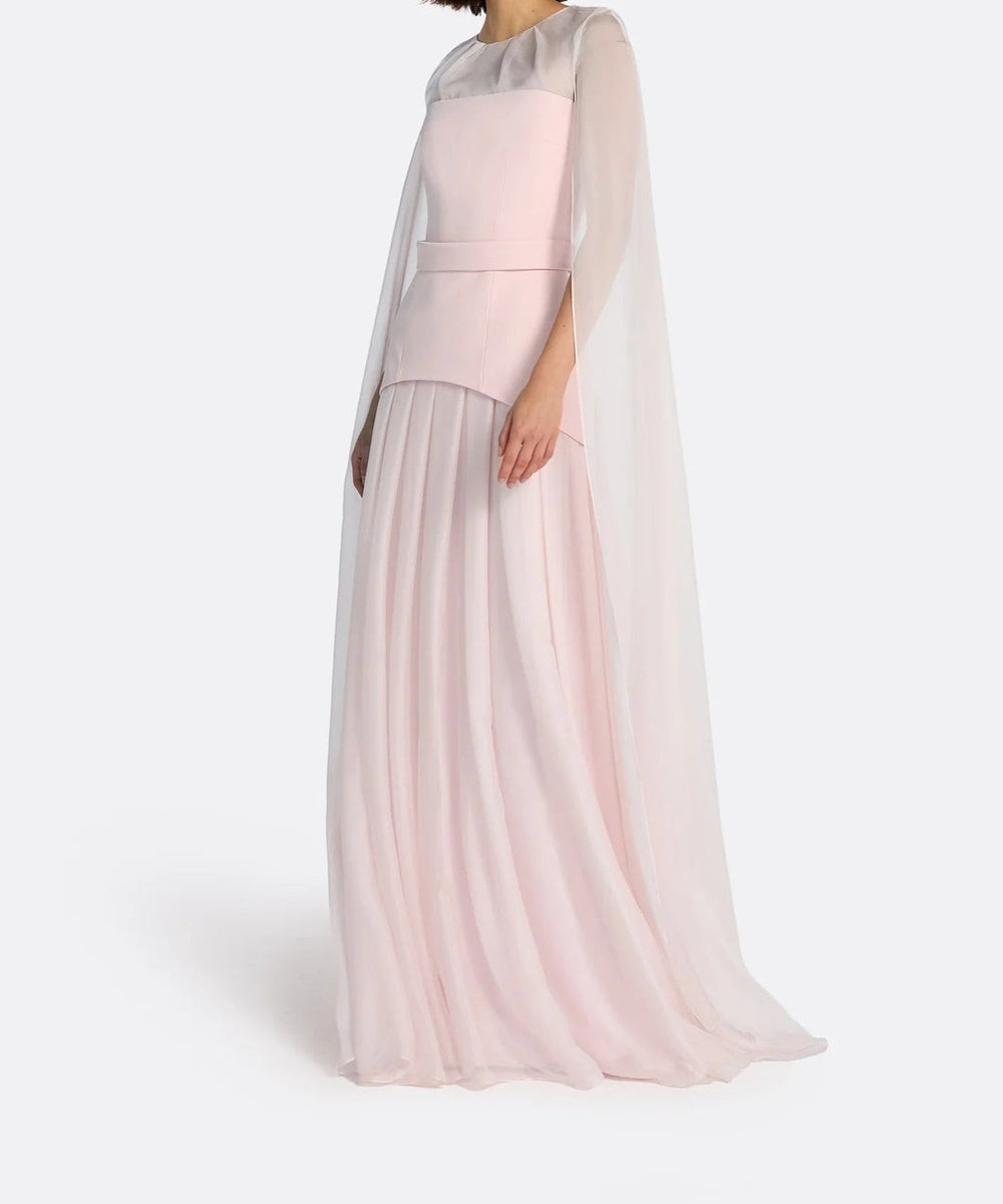 Blush Pink Sheer Cape Sleeve Two-Tier Chiffon Flowy Maxi Evening Gown