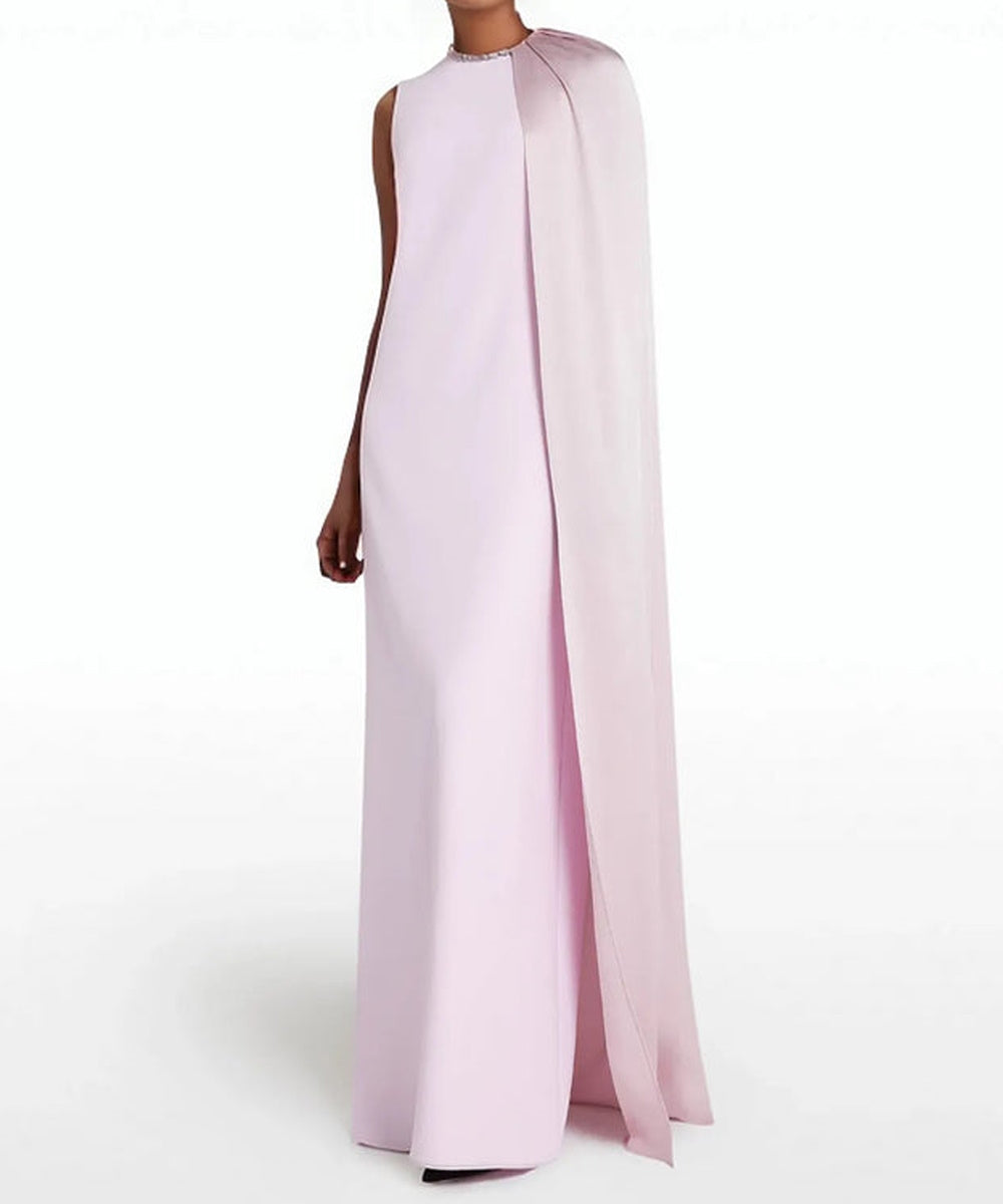 Blush Pink Sleeveless Crystal Neck Draped Satin Cape Column Maxi Evening Gown