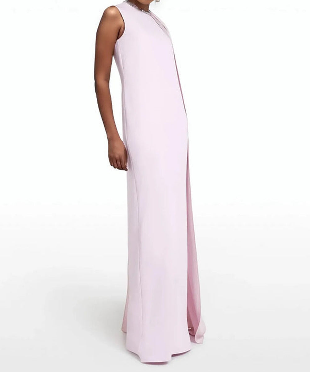 Blush Pink Sleeveless Crystal Neck Draped Satin Cape Column Maxi Evening Gown
