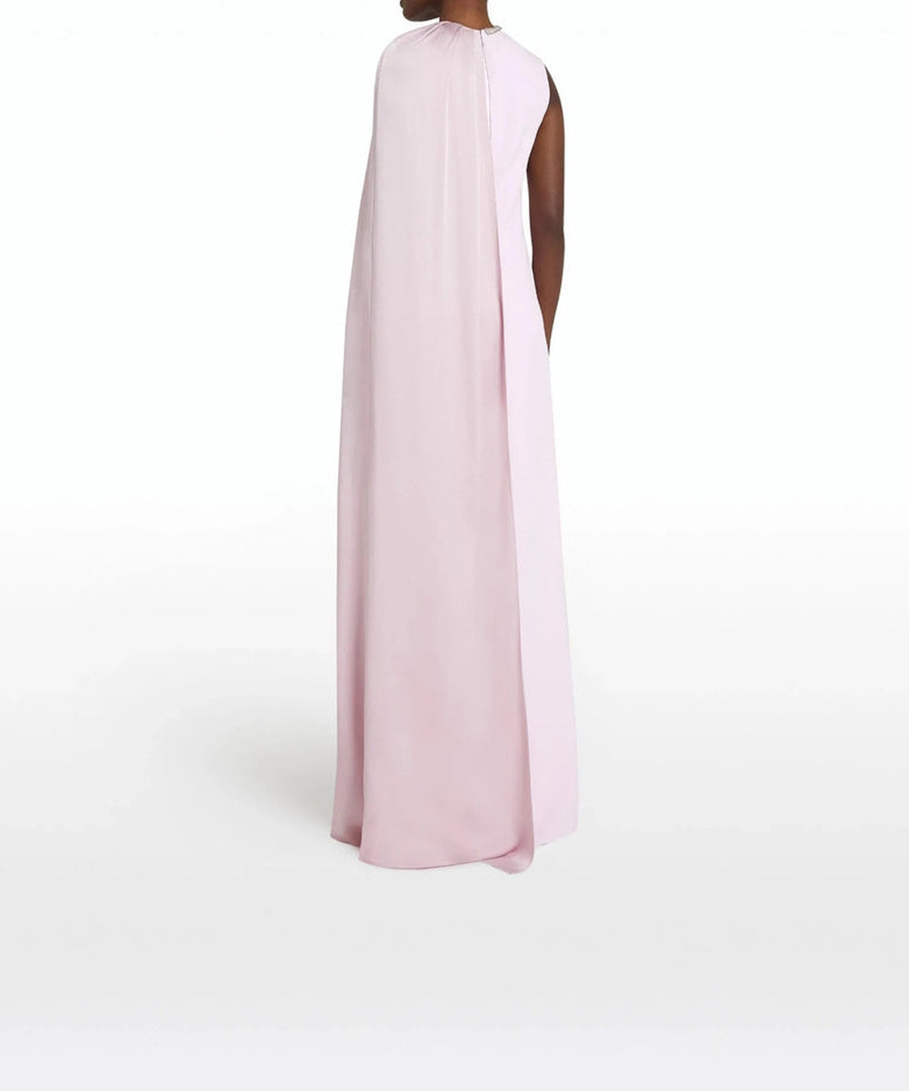 Blush Pink Sleeveless Crystal Neck Draped Satin Cape Column Maxi Evening Gown