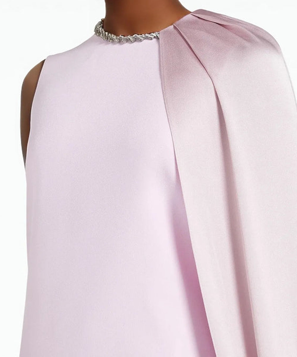Blush Pink Sleeveless Crystal Neck Draped Satin Cape Column Maxi Evening Gown